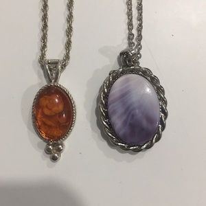 2 Necklaces- purple stone and brown with flower